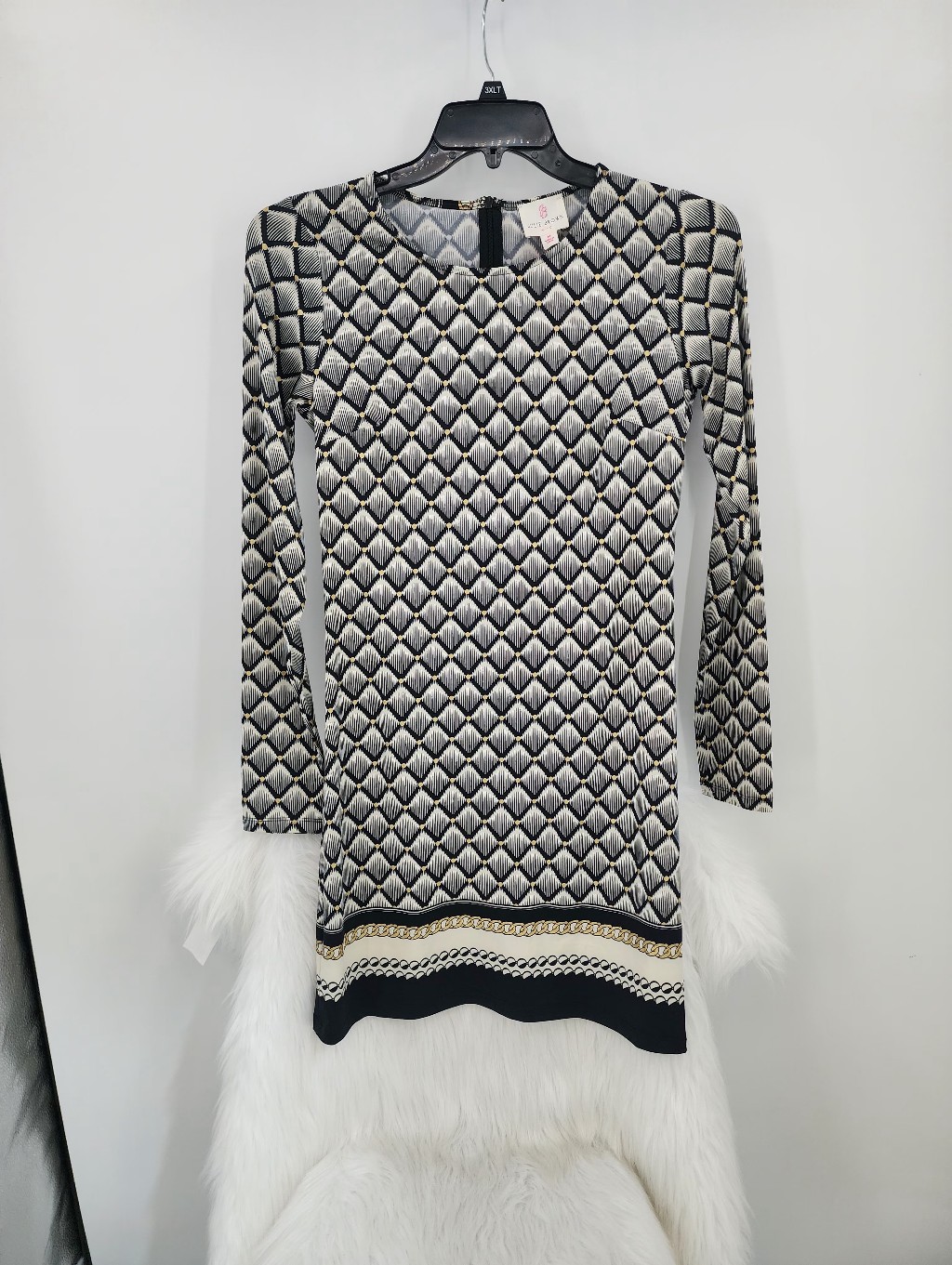Jb By Julie Brown Black And Cream Long Sleeve Geometric Dress, Medium Nwt